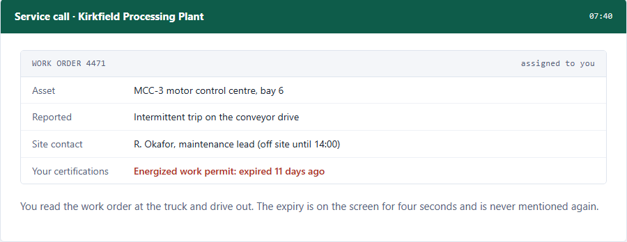 The after: a service call work order, with an expired energized work permit shown for four seconds.