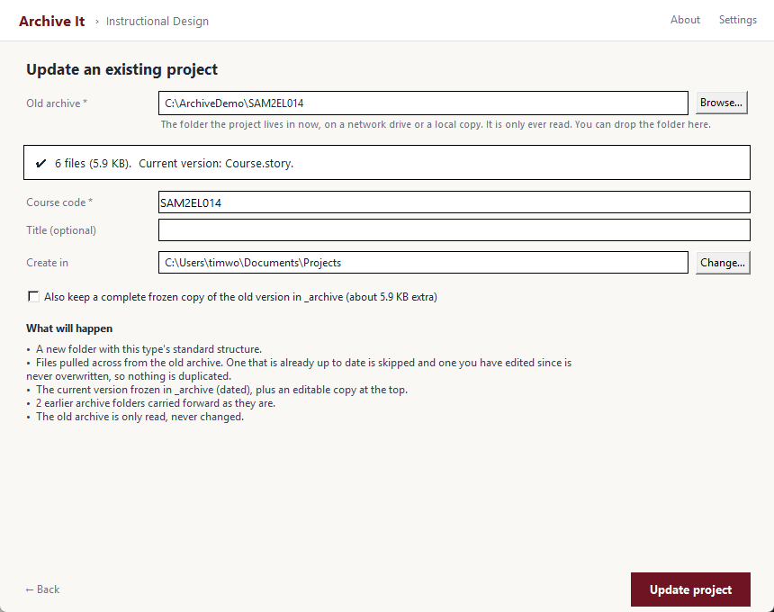 Update an existing project screen, showing the old archive path, a scan summary, and a plain list of what will happen.