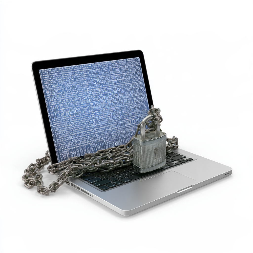 Silver laptop locked down with heavy chain and padlock. Screen filled with dense blue code.